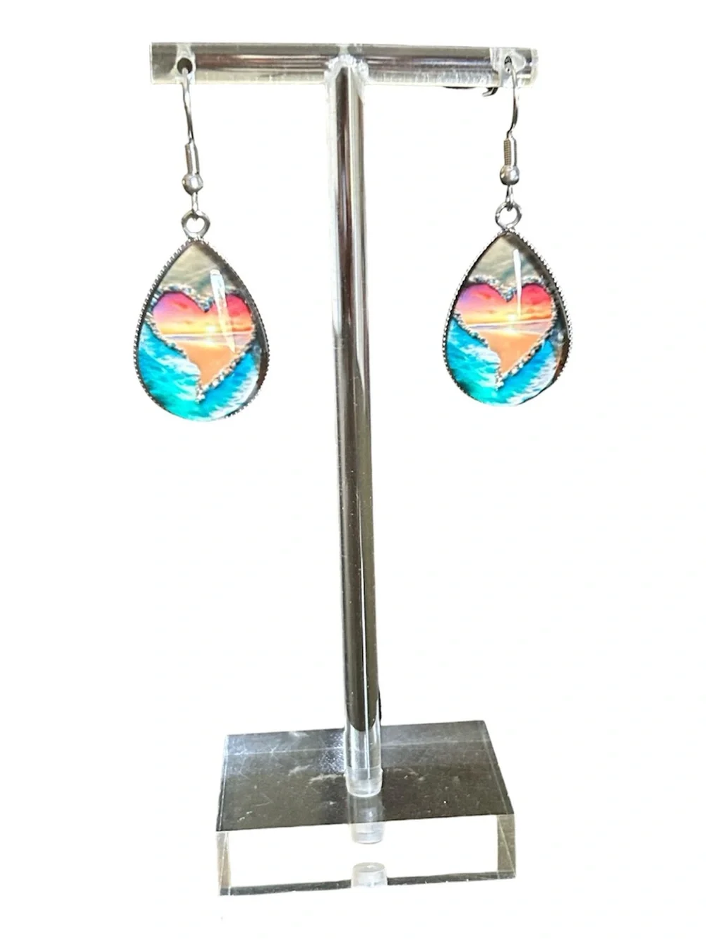 Summer Heart Beach Ocean Design Silver Necklace and Teardrop Dangle Earrings New